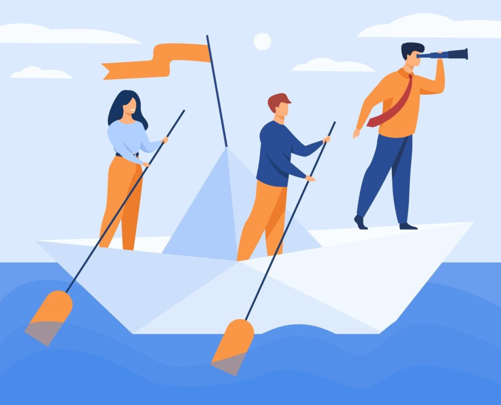 Illustration of a business team rowing a paper boat, symbolising teamwork, leadership, and financial direction.”