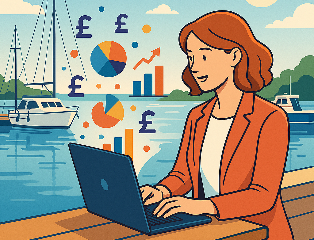 Illustration of a marina manager using software on a laptop with charts, graphs, and pound symbols, representing marina growth and evolving marinas.