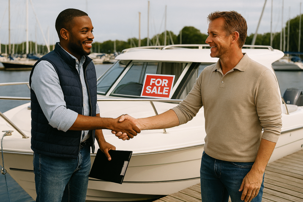 Boat broker and client shaking hands in front of a yacht for sale, representing successful boat match.
