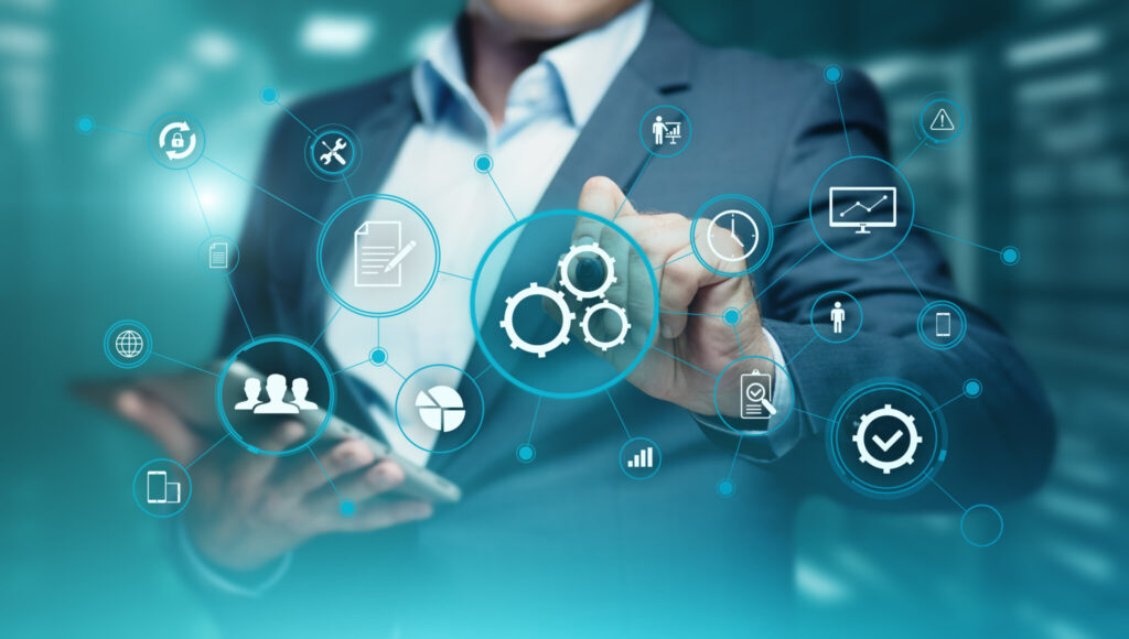 Businessman using scalable park management software with interconnected digital icons. Single-Park Operators